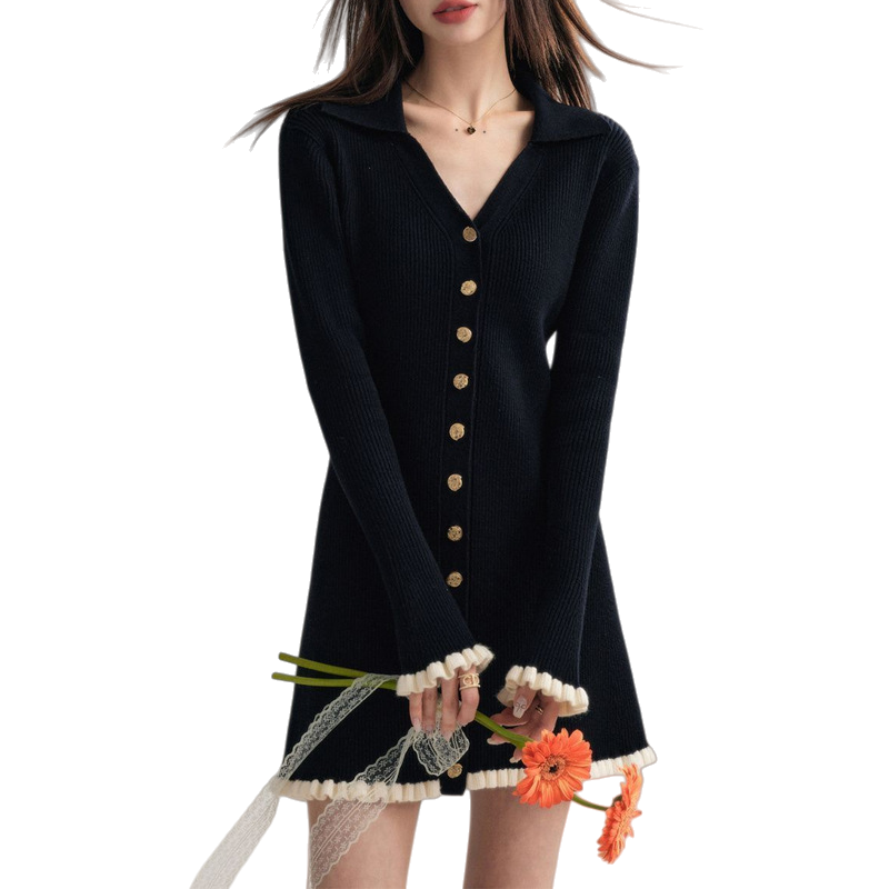 Womens Button-Front Knit Mini Dress Elegant V-neck Slim Long Sleeve Cardigan